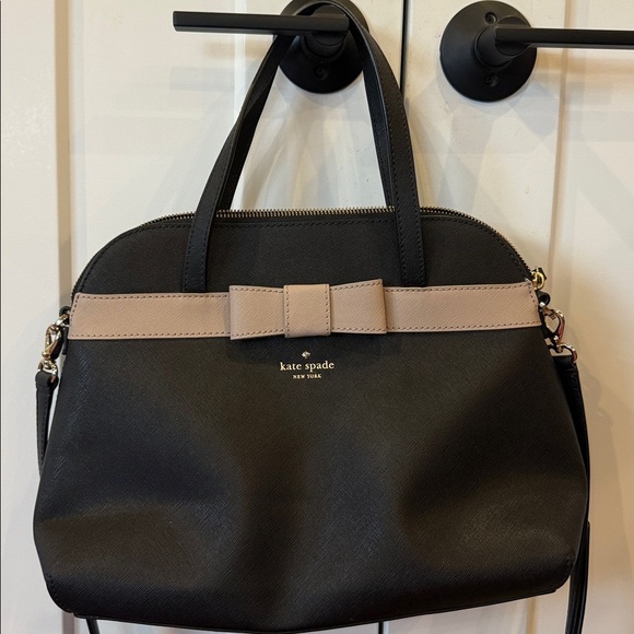 Kate Spade Black Handbag with Cream Bow Tan Designer tote purse bag classy - Picture 10 of 11